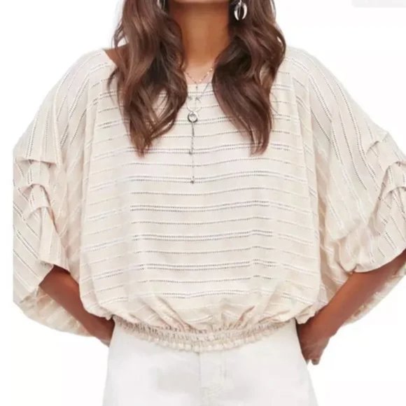 Free People Azalea Eyelet Stripe Dolman Top oversize relax loose fit Ivory Sz M - Picture 1 of 12